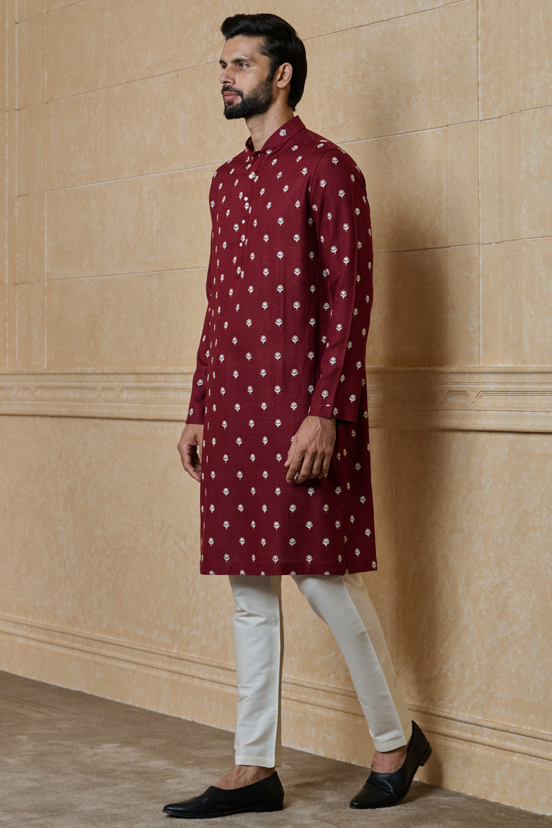 Maroon Butti Embroidered Kurta Set