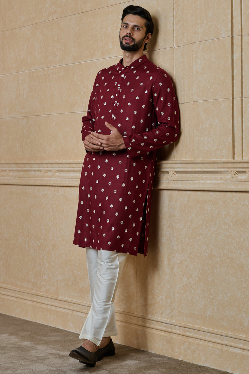 Maroon Butti Embroidered Kurta Set