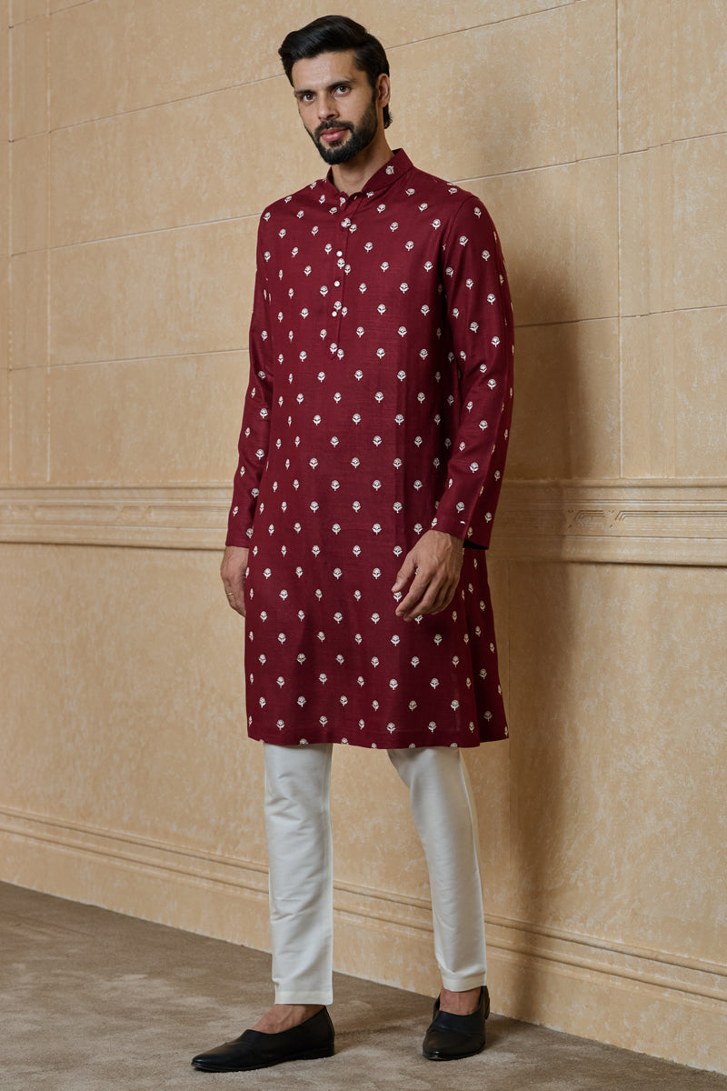 Maroon Butti Embroidered Kurta Set