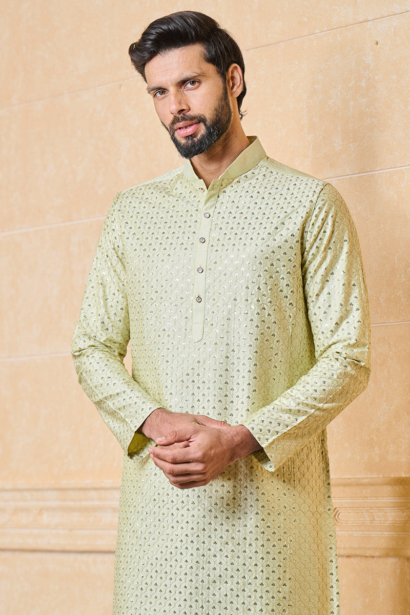 Light Green Kurta Set With Embroidery Highlights