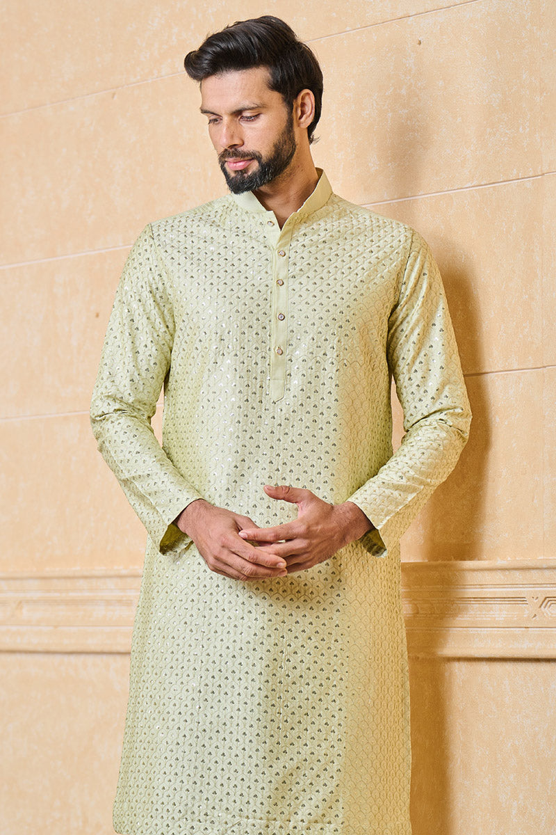 Light Green Kurta Set With Embroidery Highlights