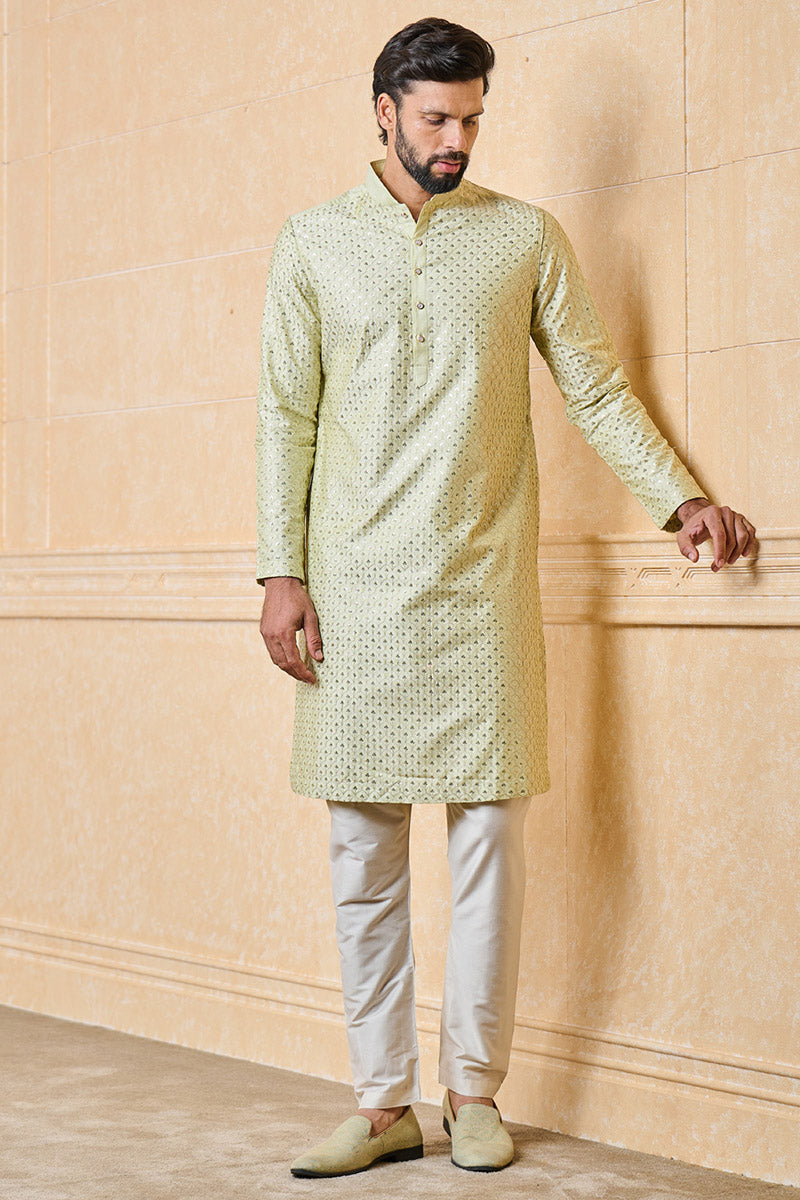 Light Green Kurta Set With Embroidery Highlights