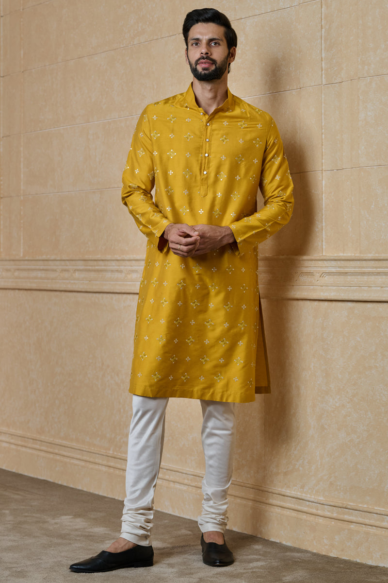 Yellow Embroidered Jacquard Kurta Set