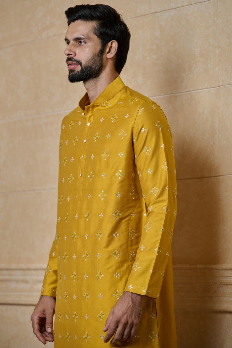 Yellow Embroidered Jacquard Kurta Set