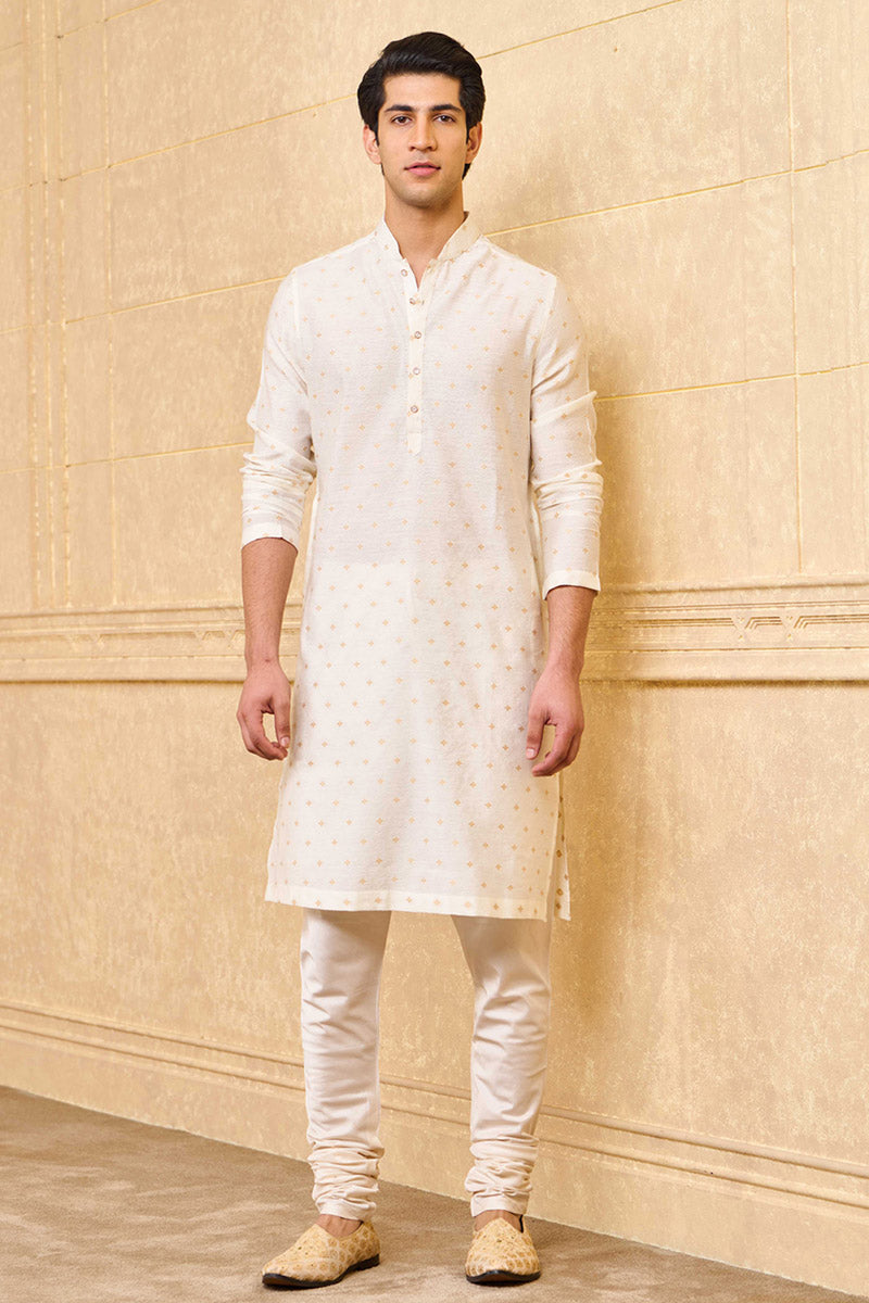 Ivory Jacquard Kurta Set With Top Stitch Detailing