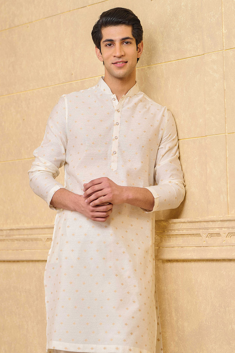 Ivory Jacquard Kurta Set With Top Stitch Detailing