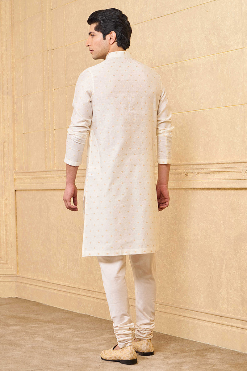 Ivory Jacquard Kurta Set With Top Stitch Detailing