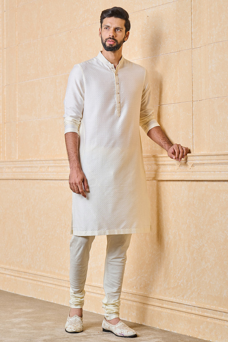 Ivory Jacquard Kurta Set With Top Stitch Detailing