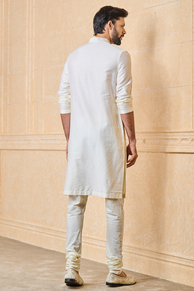 Ivory Jacquard Kurta Set With Top Stitch Detailing