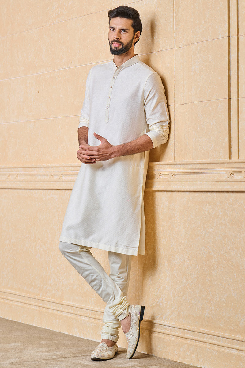 Ivory Jacquard Kurta Set With Top Stitch Detailing