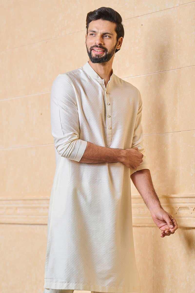 Ivory Jacquard Kurta Set With Top Stitch Detailing