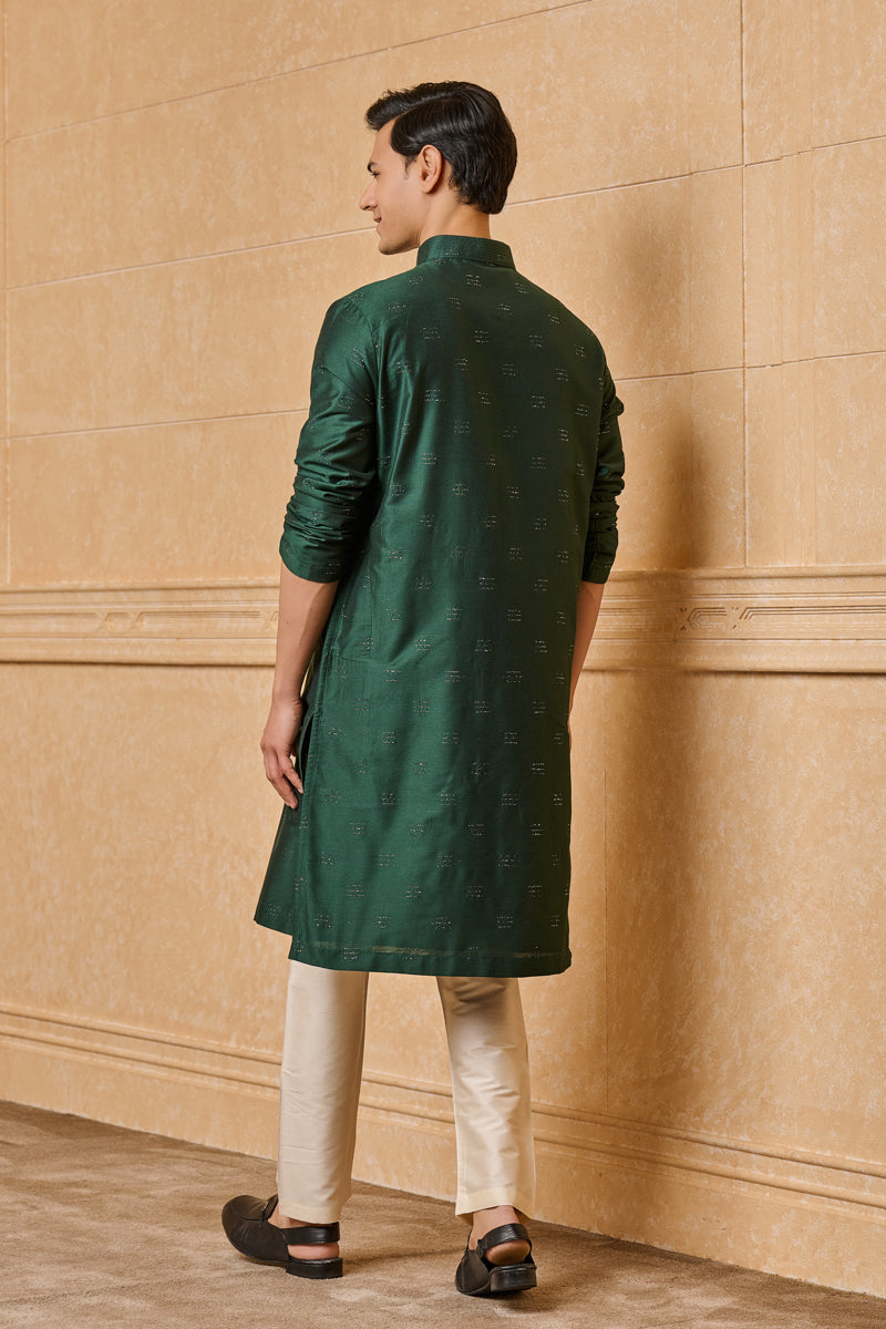 Dark Green Embellished Jacquard Kurta Set