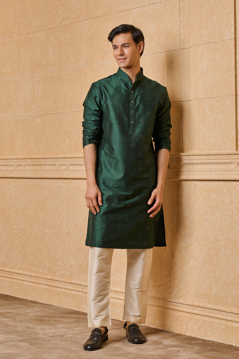 Dark Green Embellished Jacquard Kurta Set