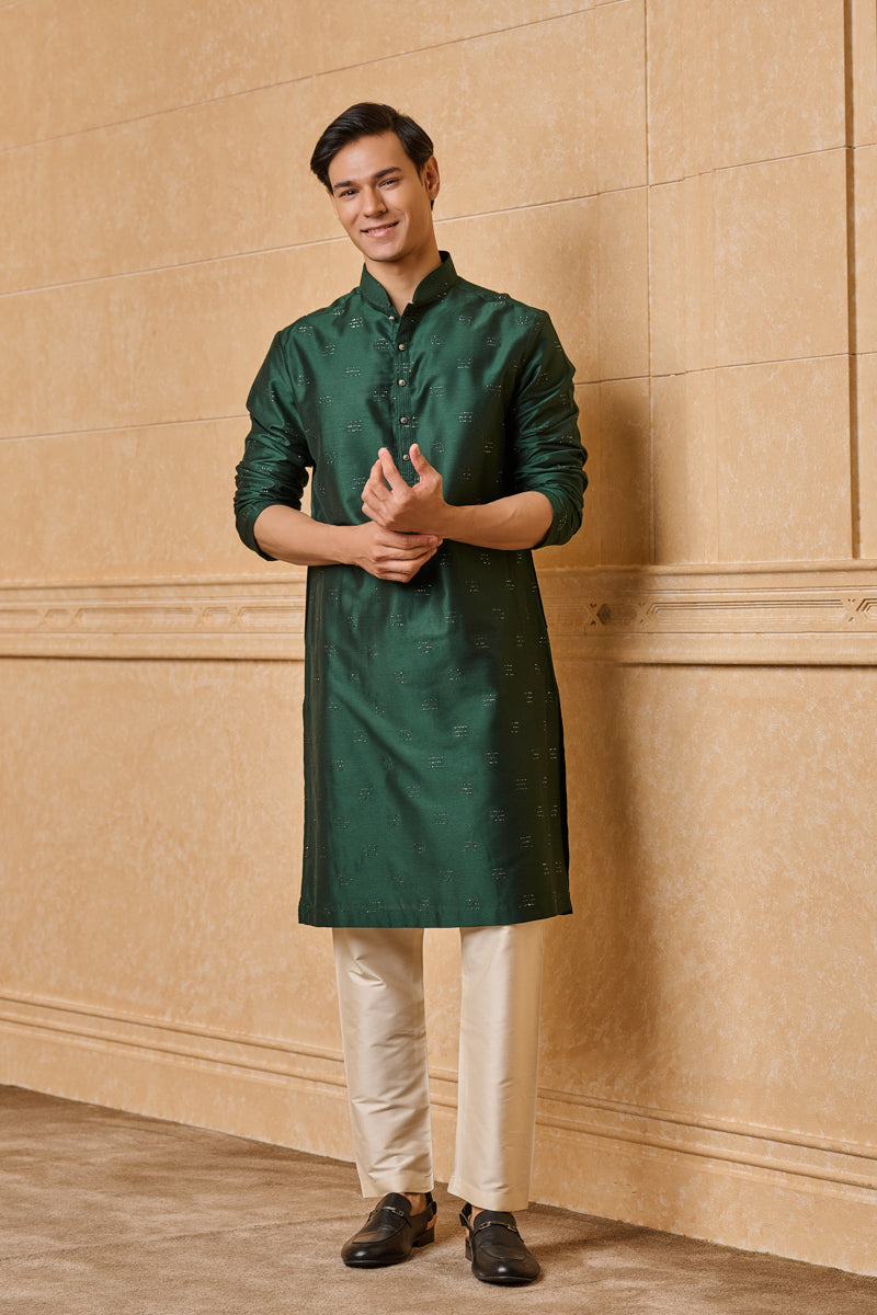 Dark Green Embellished Jacquard Kurta Set