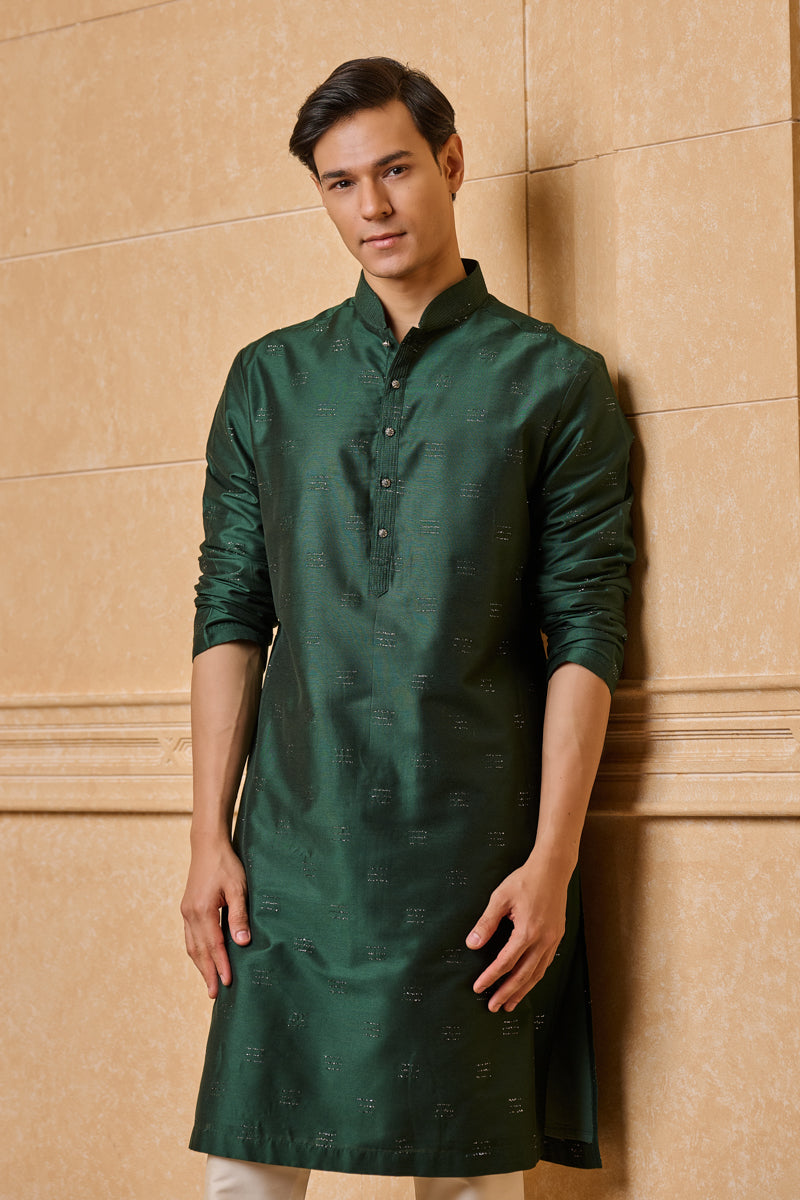 Dark Green Embellished Jacquard Kurta Set