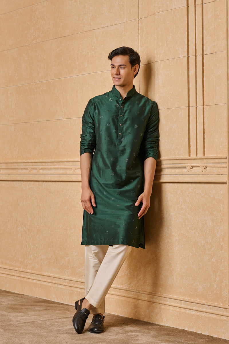 Dark Green Embellished Jacquard Kurta Set