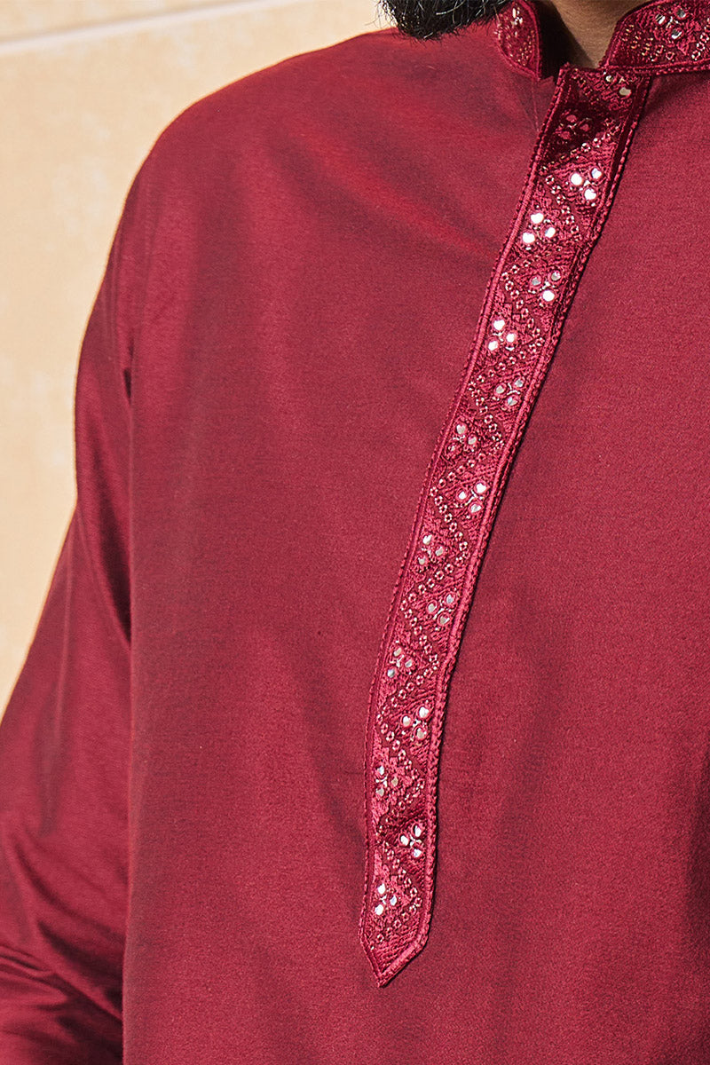 Maroon Kurta Set With Embroidered Collar and Placket