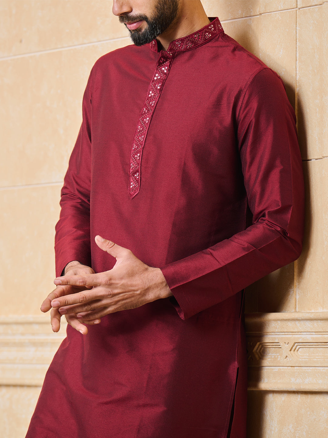 Maroon Kurta Set With Embroidered Collar and Placket