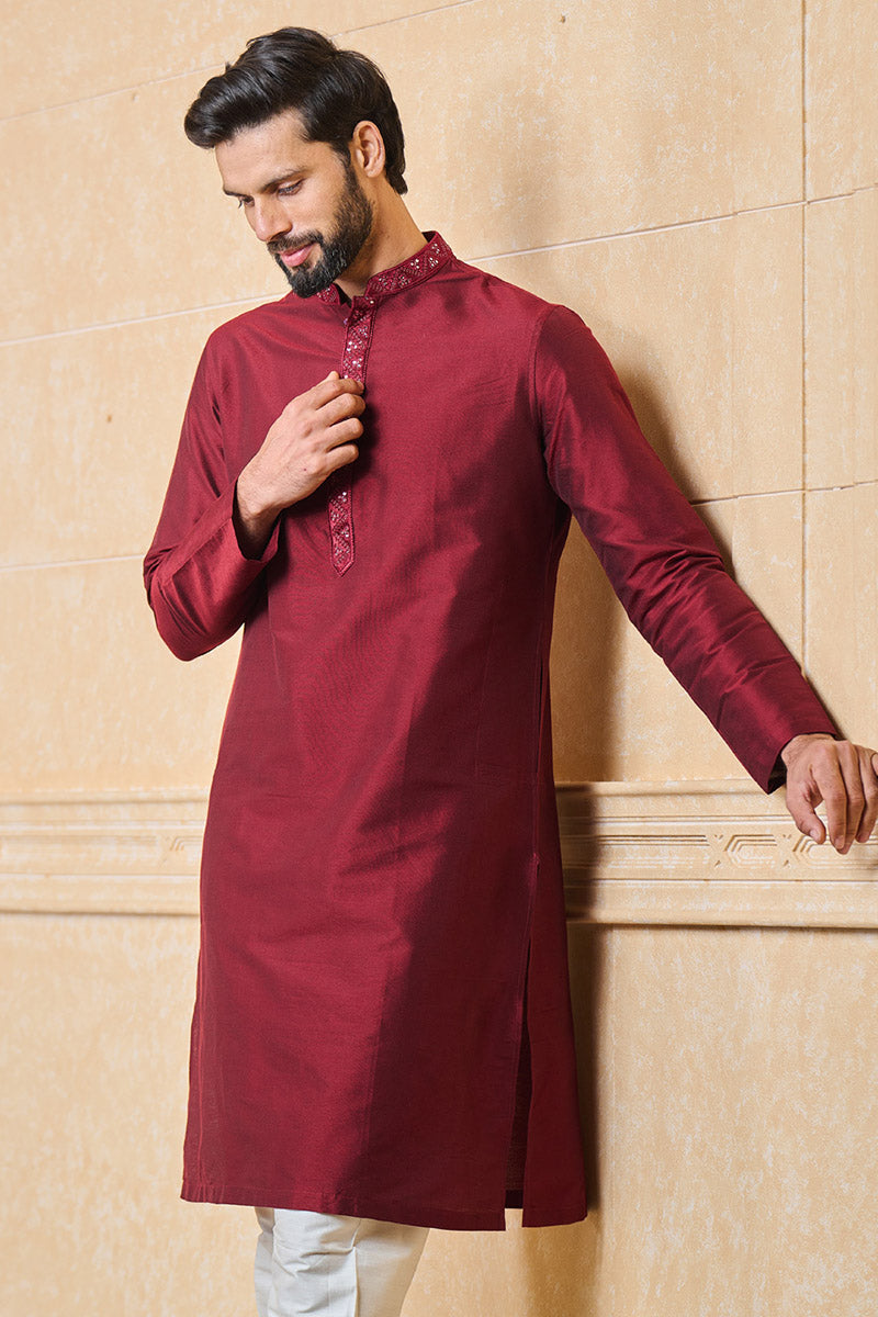 Maroon Kurta Set With Embroidered Collar and Placket