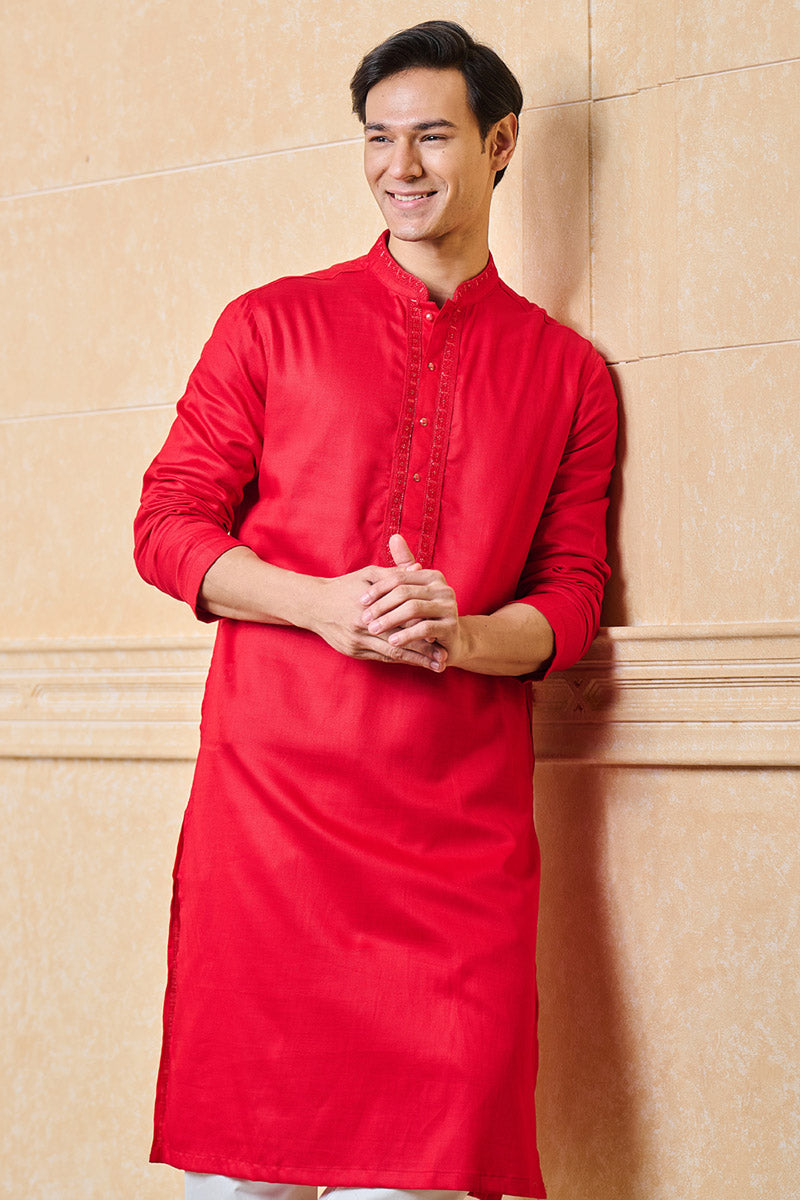 Red Kurta Set With Embroidered Collar