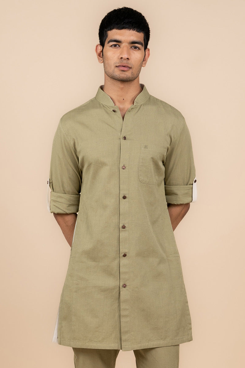 Olive Shirt Style Kurta Set With Pocket Detailing