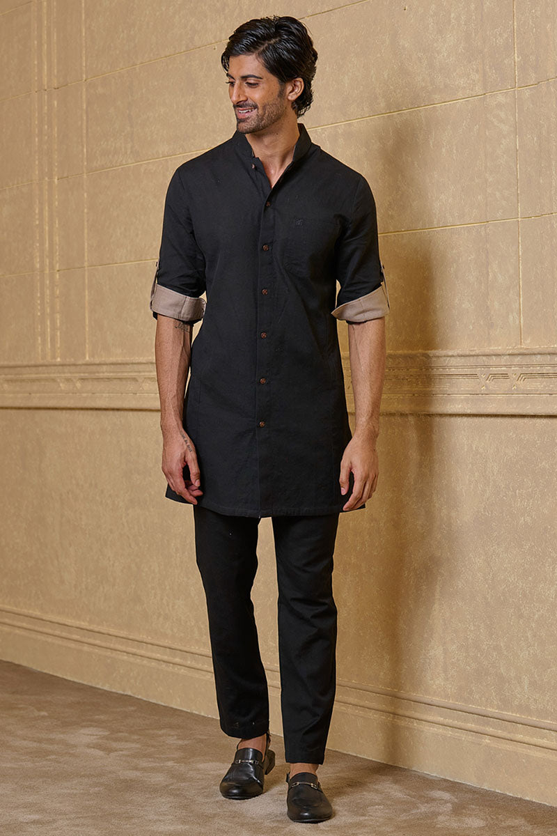 Black Shirt Style Kurta Set With Pocket Detailing