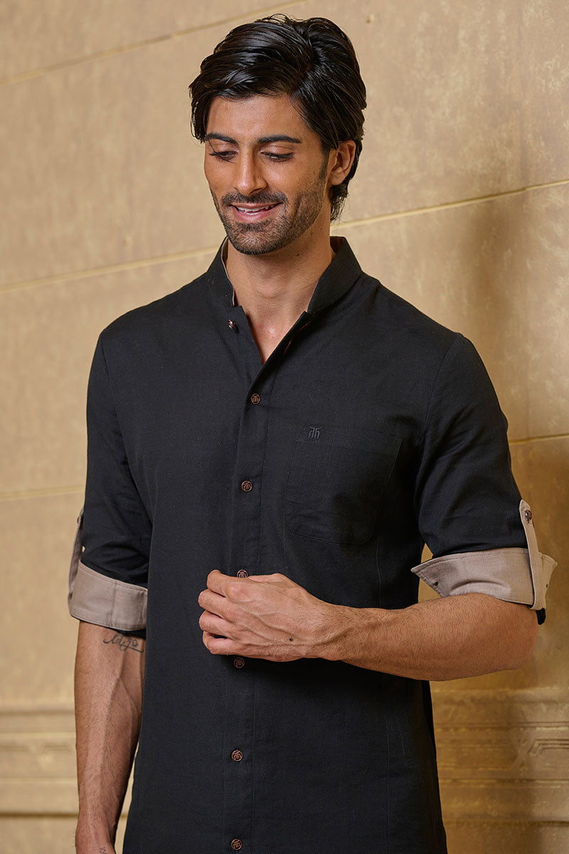 Black Shirt Style Kurta Set With Pocket Detailing