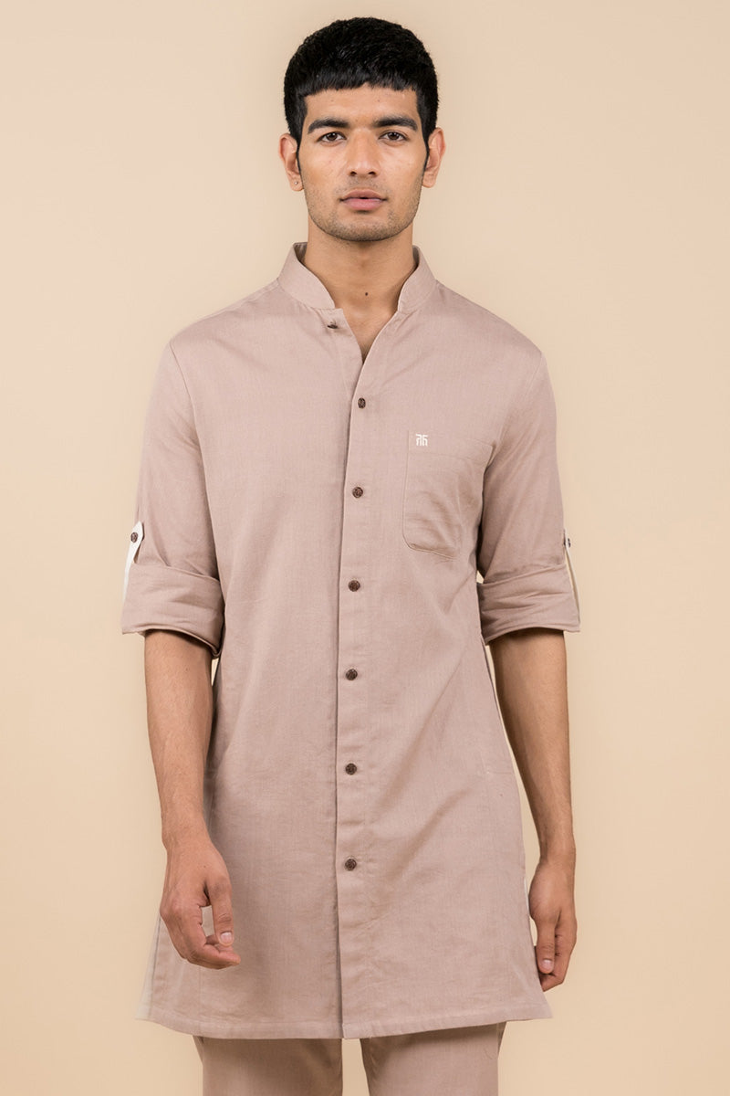 Beige Shirt Style Kurta Set With Pocket Detailing