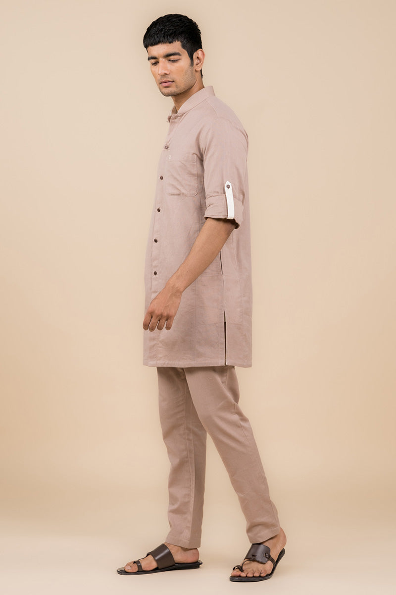 Beige Shirt Style Kurta Set With Pocket Detailing