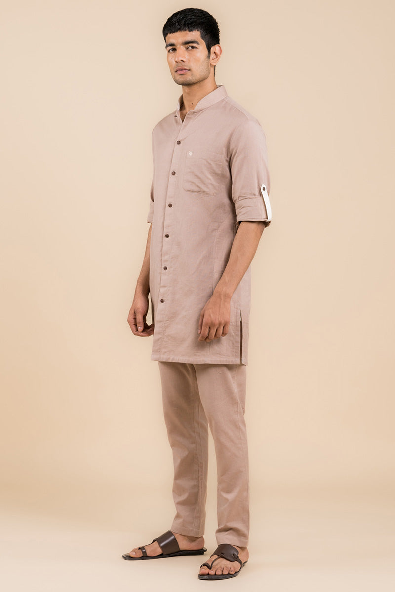 Beige Shirt Style Kurta Set With Pocket Detailing