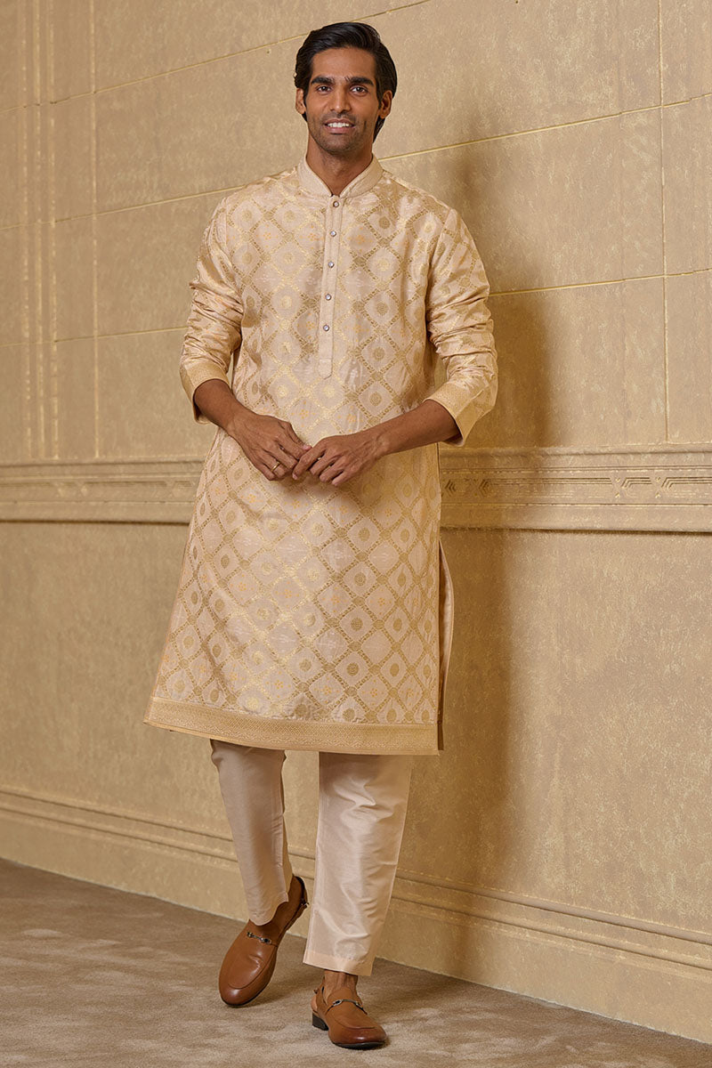 Peach Zari Jacquard Kurta Set