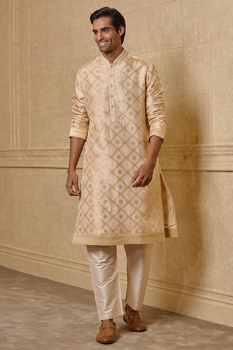 Peach Zari Jacquard Kurta Set