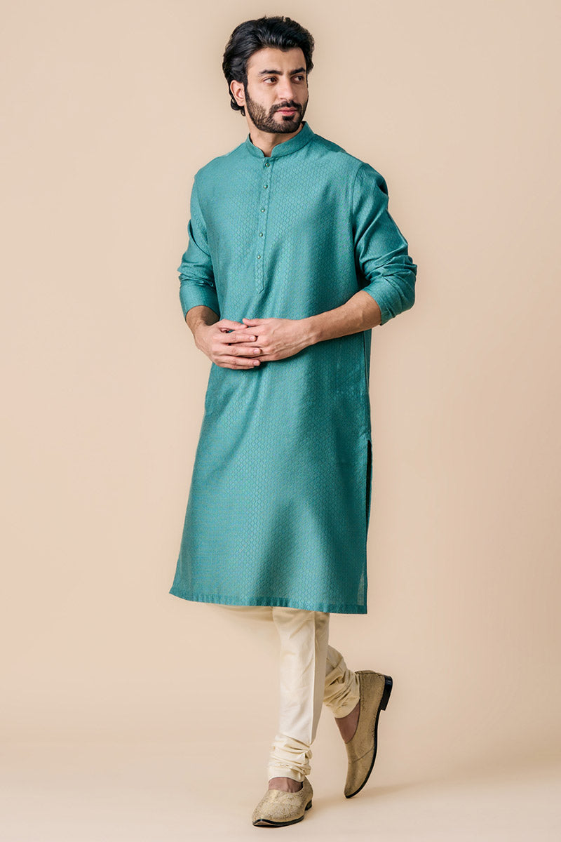 Aqua Jacquard Kurta Set