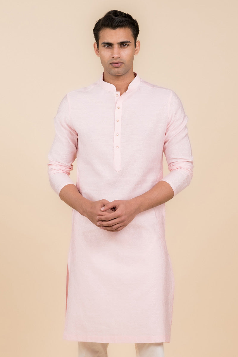 Pink Floral Self Jacquard Kurta Set