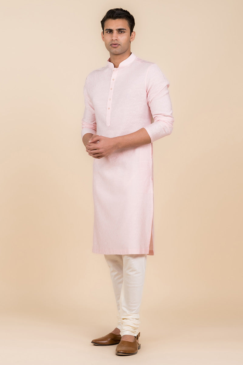 Pink Floral Self Jacquard Kurta Set