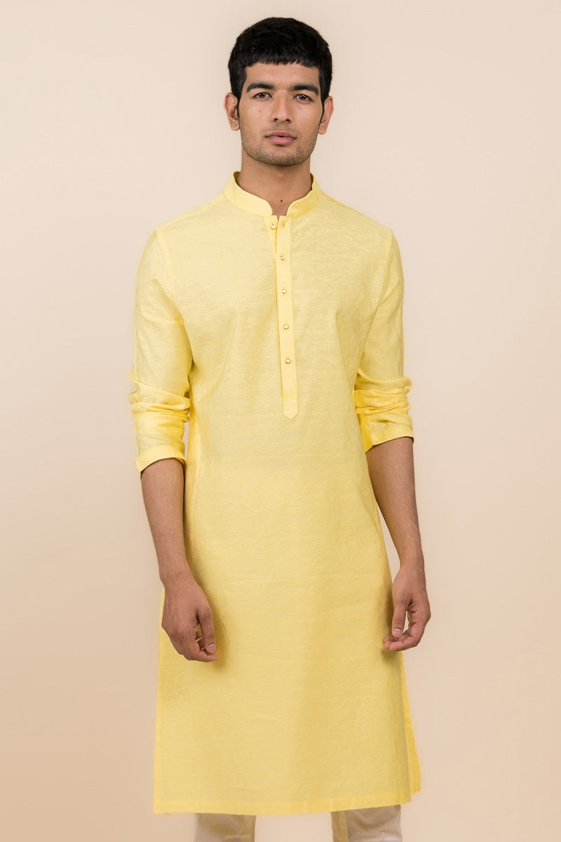 Yellow Floral Self Jacquard Kurta Set