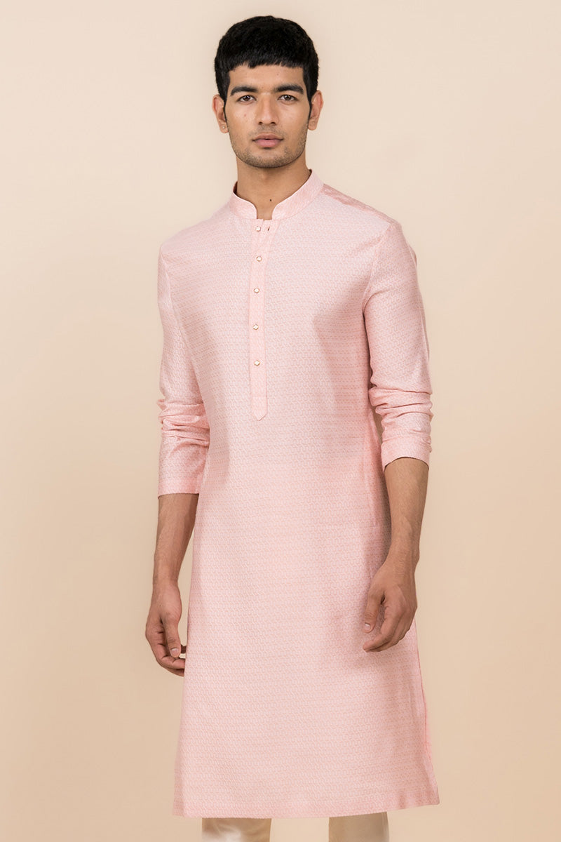 Pink Jacquard Kurta Set In Jaal Pattern