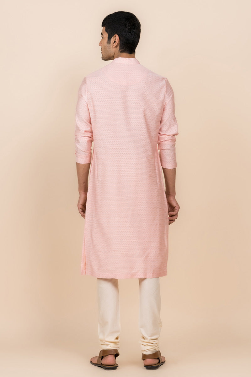 Pink Jacquard Kurta Set In Jaal Pattern