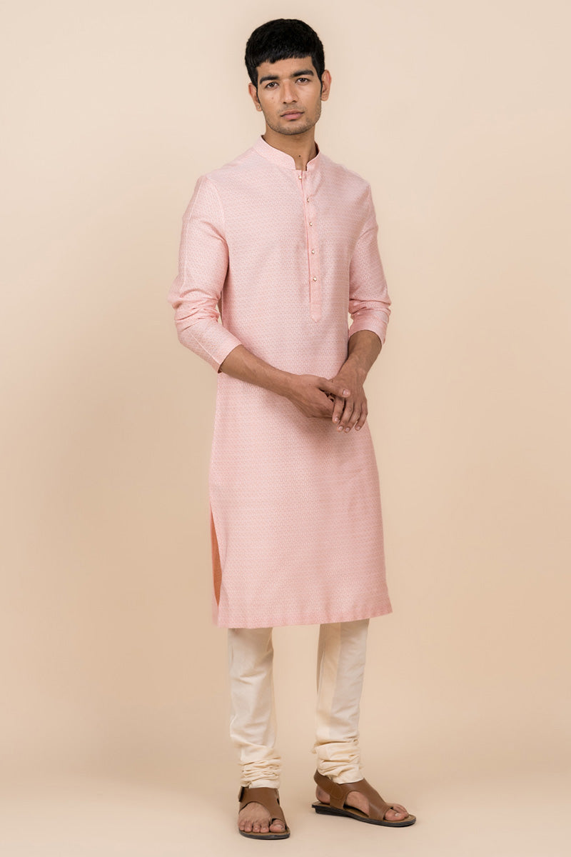 Pink Jacquard Kurta Set In Jaal Pattern