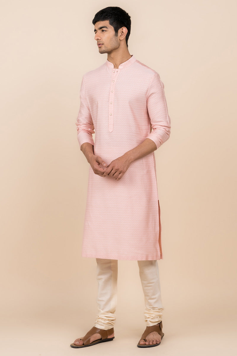 Pink Jacquard Kurta Set In Jaal Pattern