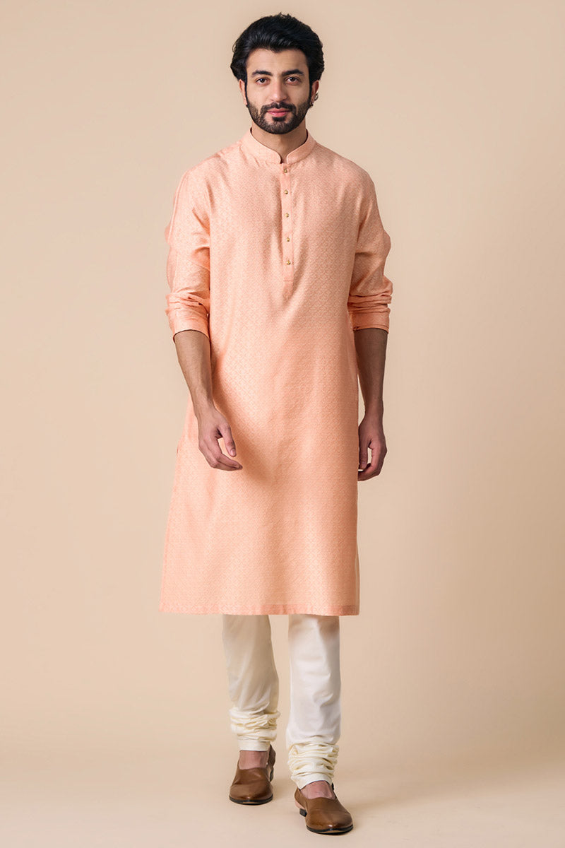 Peach Jacquard Kurta Set