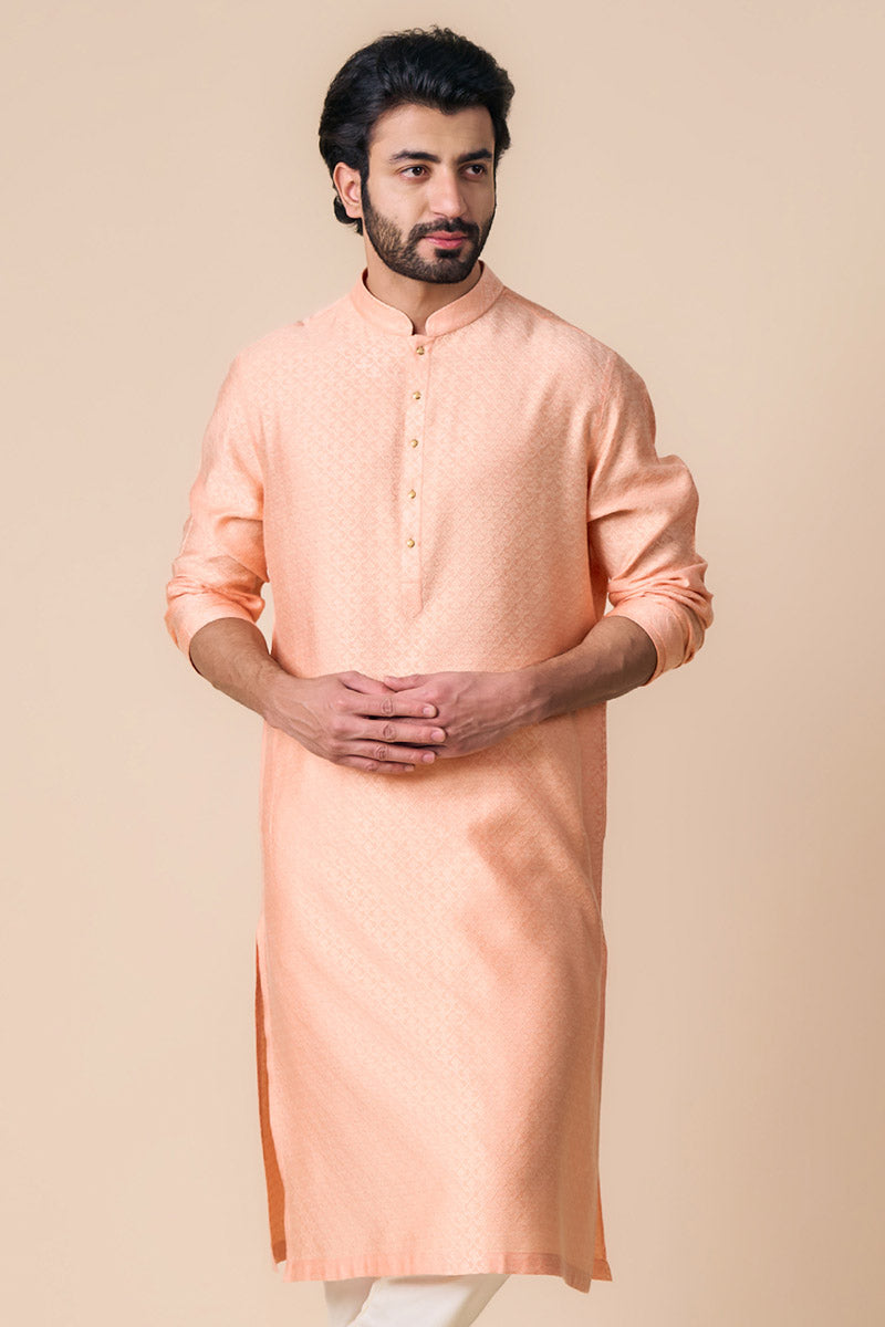 Peach Jacquard Kurta Set