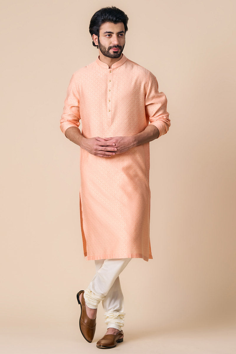 Peach Jacquard Kurta Set