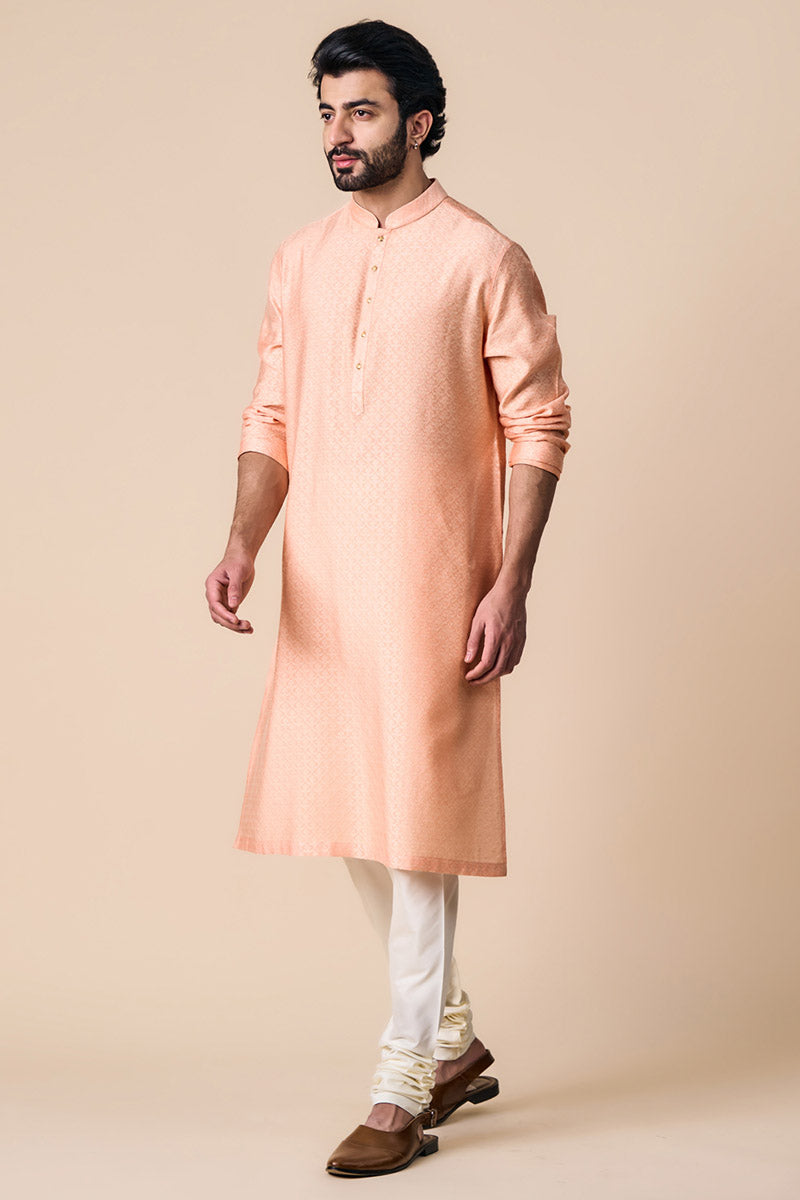 Peach Jacquard Kurta Set