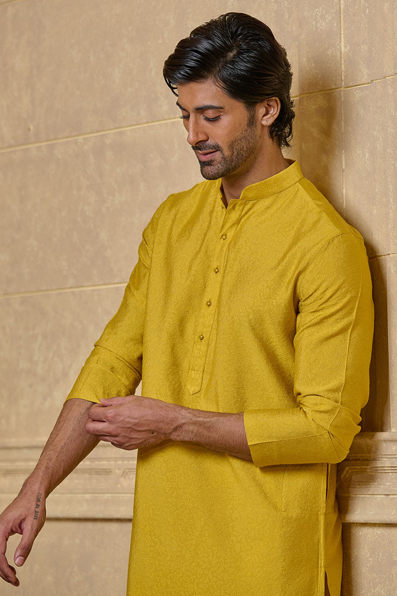 Yellow Floral Jacquard Kurta Set