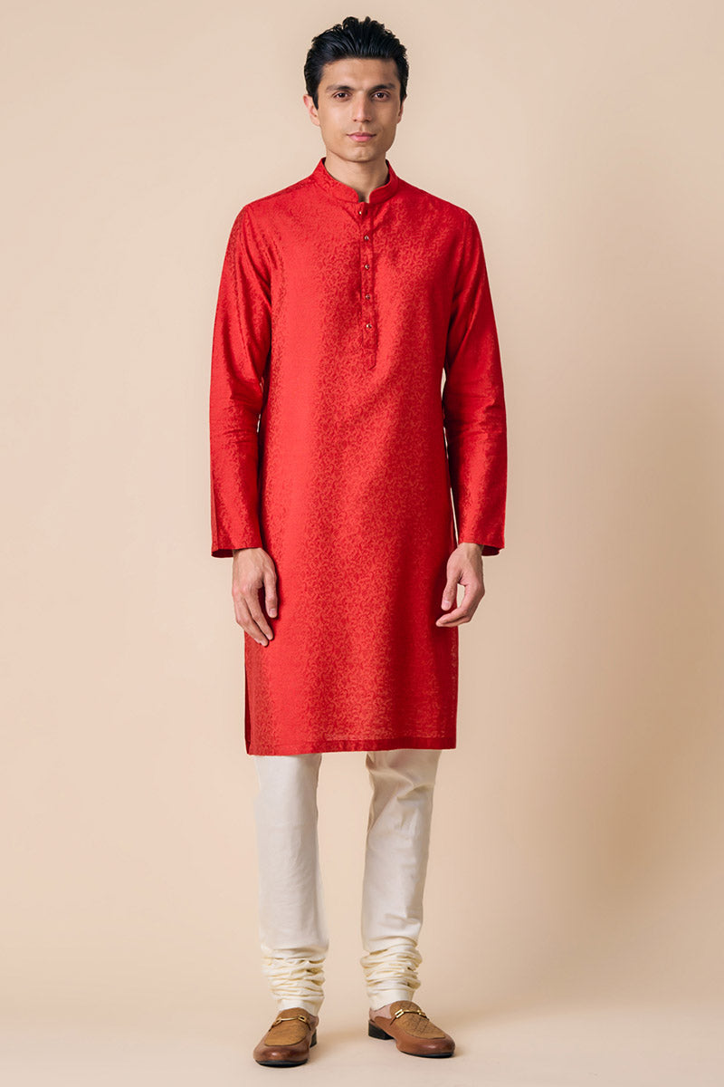 Red Floral Jacquard Kurta Set