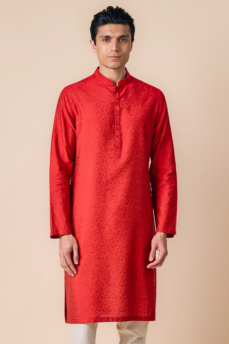 Red Floral Jacquard Kurta Set