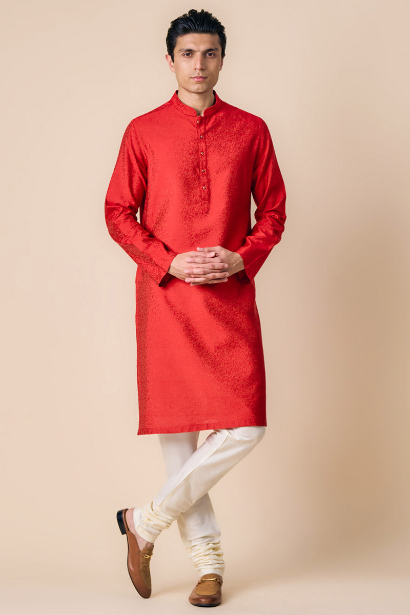 Red Floral Jacquard Kurta Set