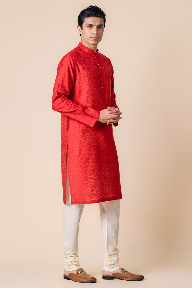 Red Floral Jacquard Kurta Set