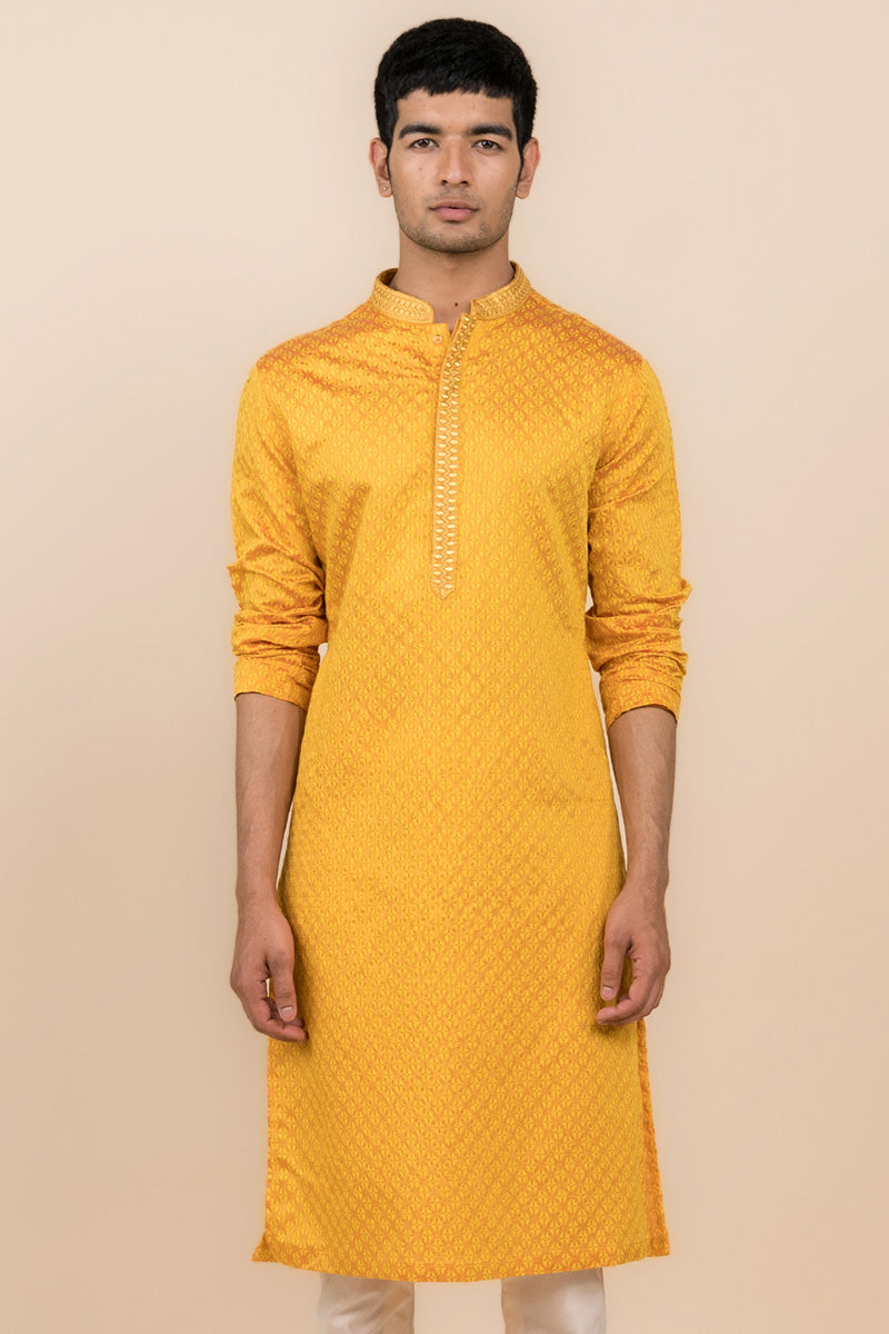 Yellow Ochre All Over Jacquard Kurta Set